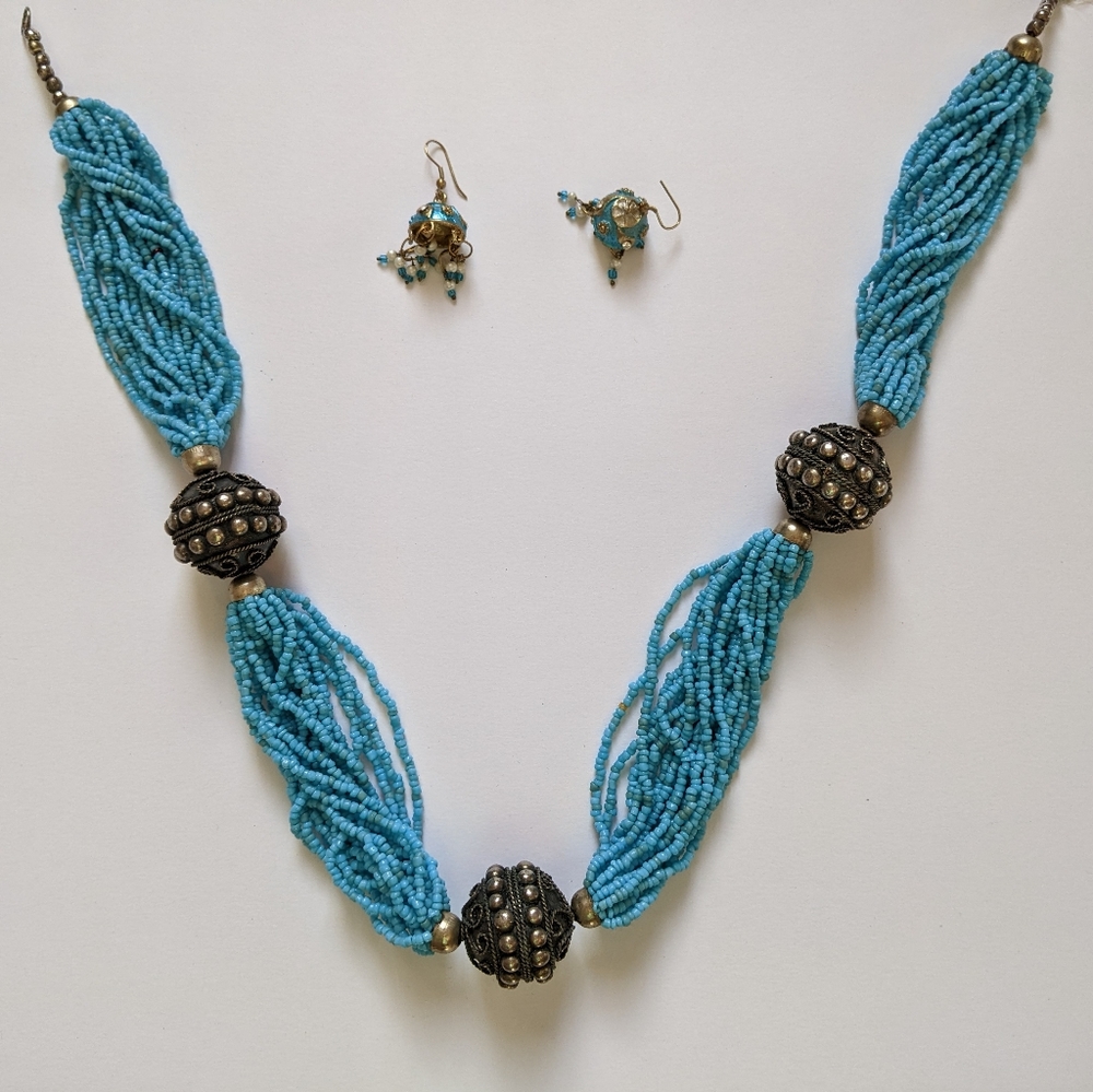 Blue Beaded Necklace and Earrings